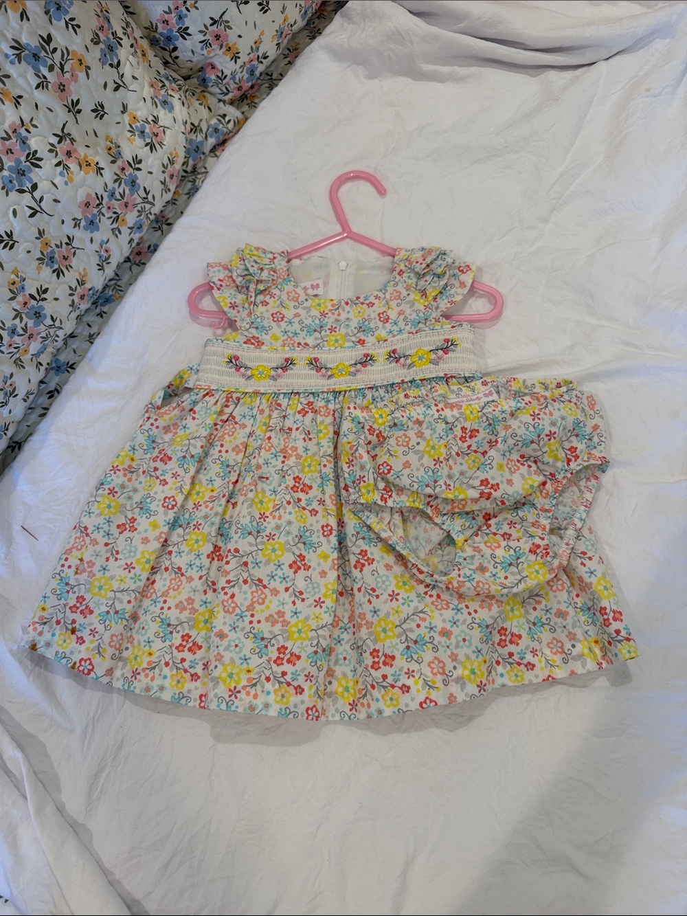 Girls Floral Smocked Cotton Dress in White with Yellow Accents